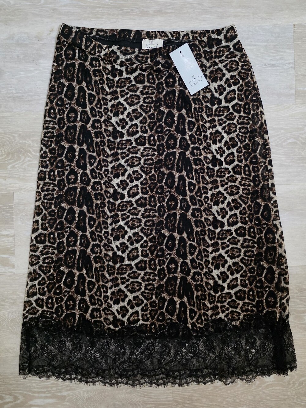 Ember NWT Leopard Mesh Lace Trim Midi Skirt - Picture 2 of 5